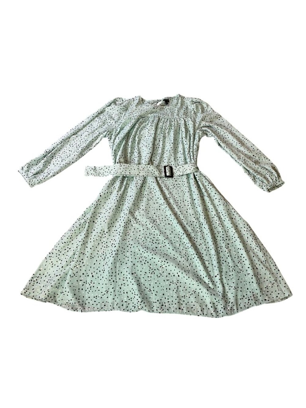 Ann Taylor Mint Green Dots Long Sleeve Midi Dress w/ Belt Large